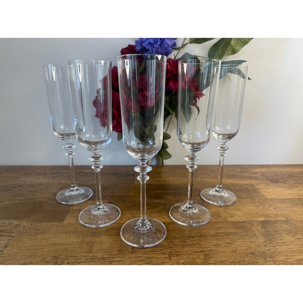 Vintage Clear Crystal Champagne Flutes‎ Set of 5 French Style Stemware Barware
